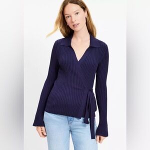 LOFT Size XXL Ribbed Collared Wrap Sweater in Deep Blue